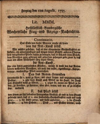 Hochfürstlich-Bambergische wochentliche Frag- und Anzeigenachrichten Freitag 1. August 1755