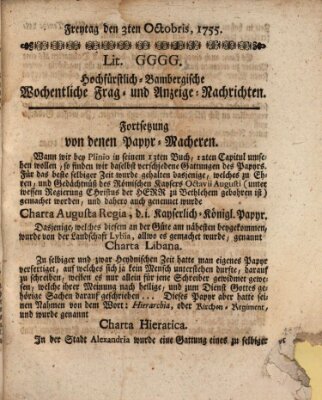 Hochfürstlich-Bambergische wochentliche Frag- und Anzeigenachrichten Freitag 3. Oktober 1755
