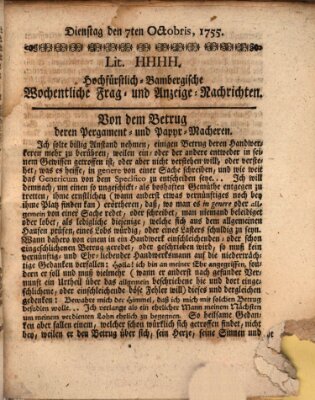 Hochfürstlich-Bambergische wochentliche Frag- und Anzeigenachrichten Dienstag 7. Oktober 1755