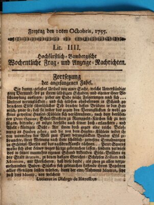 Hochfürstlich-Bambergische wochentliche Frag- und Anzeigenachrichten Freitag 10. Oktober 1755