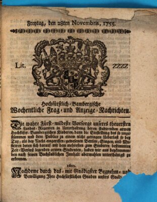 Hochfürstlich-Bambergische wochentliche Frag- und Anzeigenachrichten Freitag 28. November 1755