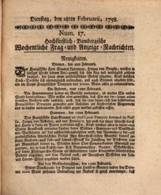 Hochfürstlich-Bambergische wochentliche Frag- und Anzeigenachrichten Dienstag 28. Februar 1758