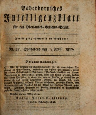 Paderbornsches Intelligenzblatt Samstag 1. April 1820