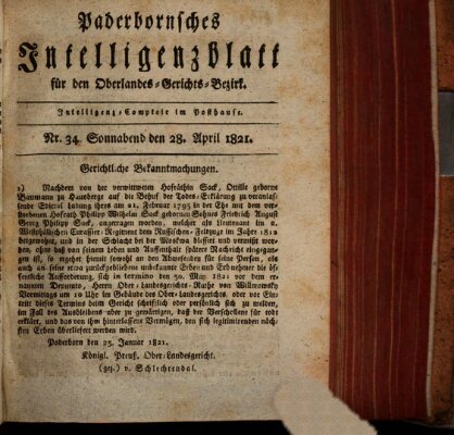 Paderbornsches Intelligenzblatt Samstag 28. April 1821