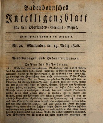 Paderbornsches Intelligenzblatt Mittwoch 15. März 1826