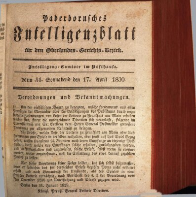Paderbornsches Intelligenzblatt Samstag 17. April 1830