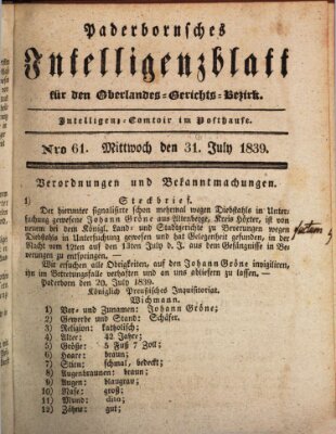 Paderbornsches Intelligenzblatt Mittwoch 31. Juli 1839