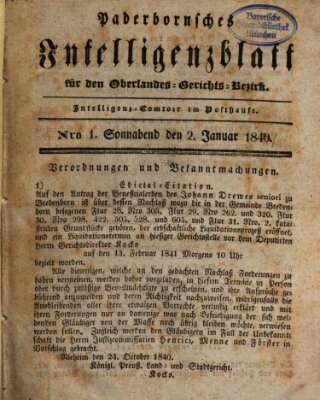 Paderbornsches Intelligenzblatt Samstag 2. Januar 1841