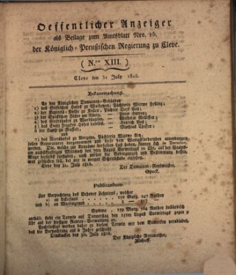Amtsblatt der Königlichen Regierung zu Cleve Mittwoch 31. Juli 1816