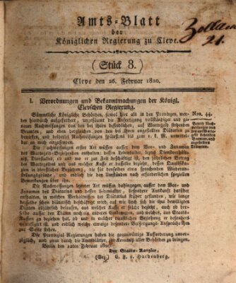Amtsblatt der Königlichen Regierung zu Cleve Samstag 26. Februar 1820