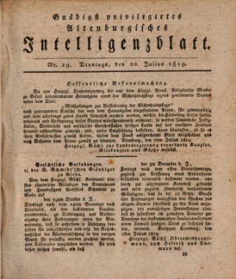 Gnädigst privilegiertes Altenburgisches Intelligenzblatt Dienstag 20. Juli 1819
