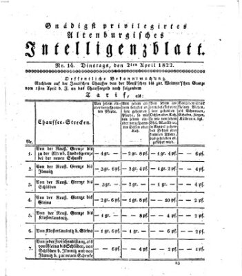 Gnädigst privilegiertes Altenburgisches Intelligenzblatt Dienstag 2. April 1822