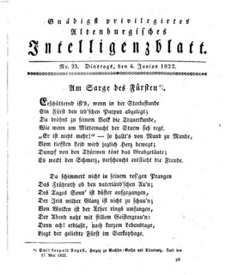 Gnädigst privilegiertes Altenburgisches Intelligenzblatt Dienstag 4. Juni 1822