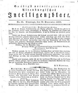 Gnädigst privilegiertes Altenburgisches Intelligenzblatt Dienstag 24. September 1822