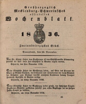 Großherzoglich-Mecklenburg-Schwerinsches officielles Wochenblatt Samstag 26. November 1836