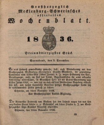 Großherzoglich-Mecklenburg-Schwerinsches officielles Wochenblatt Samstag 3. Dezember 1836