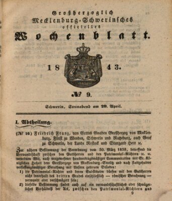 Großherzoglich-Mecklenburg-Schwerinsches officielles Wochenblatt Samstag 29. April 1843