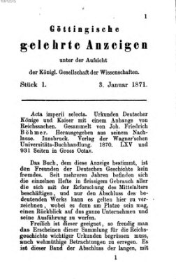 Göttingische gelehrte Anzeigen (Göttingische Zeitungen von gelehrten Sachen) Dienstag 3. Januar 1871