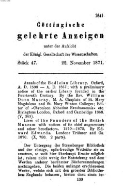 Göttingische gelehrte Anzeigen (Göttingische Zeitungen von gelehrten Sachen) Mittwoch 22. November 1871