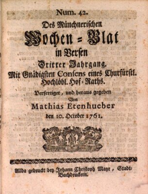 Münchnerisches Wochen-Blat in Versen Samstag 10. Oktober 1761
