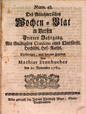 Münchnerisches Wochen-Blat in Versen Samstag 21. November 1761