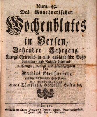 Münchnerisches Wochen-Blat in Versen Samstag 10. Dezember 1768