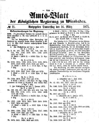 Amtsblatt der Regierung in Wiesbaden (Herzoglich-nassauisches allgemeines Intelligenzblatt) Donnerstag 16. März 1871