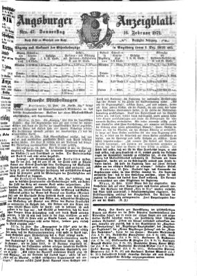 Augsburger Anzeigeblatt Donnerstag 16. Februar 1871