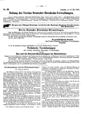 Zeitung des Vereins Deutscher Eisenbahnverwaltungen (Eisenbahn-Zeitung) Samstag 18. Mai 1872