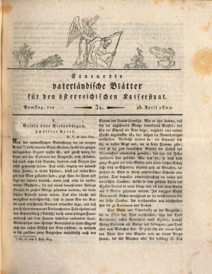 Erneuerte vaterländische Blätter für den österreichischen Kaiserstaat Samstag 15. April 1820