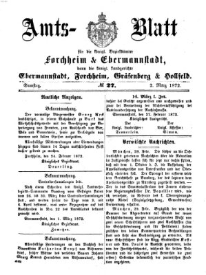Amtsblatt für die Königlichen Bezirksämter Forchheim und Ebermannstadt sowie für die Königliche Stadt Forchheim Samstag 2. März 1872