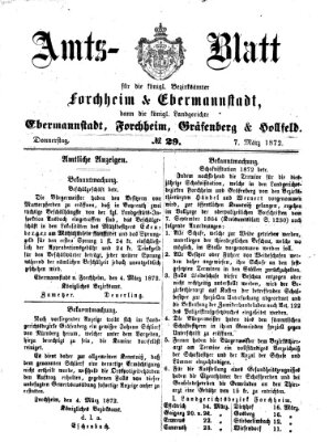 Amtsblatt für die Königlichen Bezirksämter Forchheim und Ebermannstadt sowie für die Königliche Stadt Forchheim Donnerstag 7. März 1872