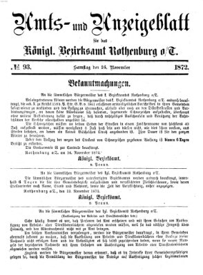 Amts- und Anzeigenblatt für das Königliche Bezirksamt Rothenburg o.T. (Amts- und Anzeigenblatt für die Stadt und das Königl. Bezirksamt Rothenburg) Samstag 16. November 1872