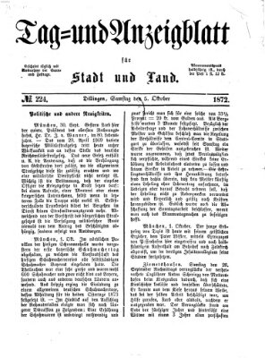 Tag- und Anzeigblatt für Stadt und Land (Tagblatt für die Städte Dillingen, Lauingen, Höchstädt, Wertingen und Gundelfingen) Samstag 5. Oktober 1872
