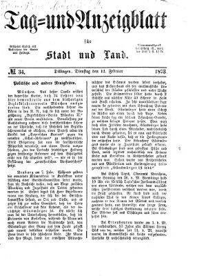 Tag- und Anzeigblatt für Stadt und Land (Tagblatt für die Städte Dillingen, Lauingen, Höchstädt, Wertingen und Gundelfingen) Dienstag 11. Februar 1873