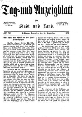 Tag- und Anzeigblatt für Stadt und Land (Tagblatt für die Städte Dillingen, Lauingen, Höchstädt, Wertingen und Gundelfingen) Donnerstag 18. September 1873