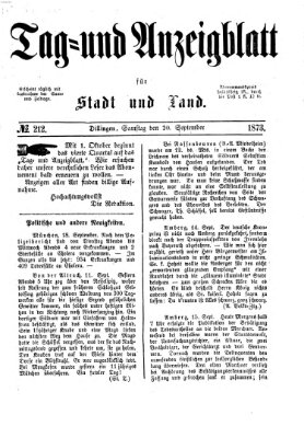Tag- und Anzeigblatt für Stadt und Land (Tagblatt für die Städte Dillingen, Lauingen, Höchstädt, Wertingen und Gundelfingen) Samstag 20. September 1873