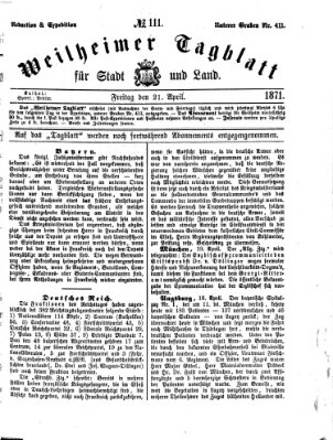 Weilheimer Tagblatt für Stadt und Land Freitag 21. April 1871