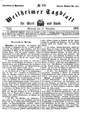 Weilheimer Tagblatt für Stadt und Land Mittwoch 27. November 1872