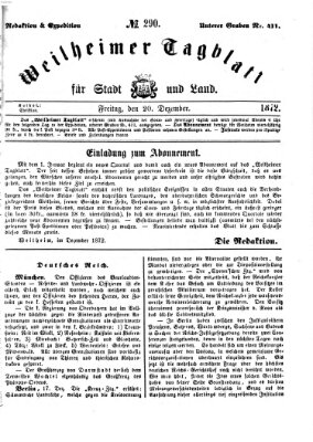 Weilheimer Tagblatt für Stadt und Land Freitag 20. Dezember 1872