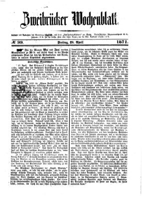 Zweibrücker Wochenblatt Freitag 28. April 1871