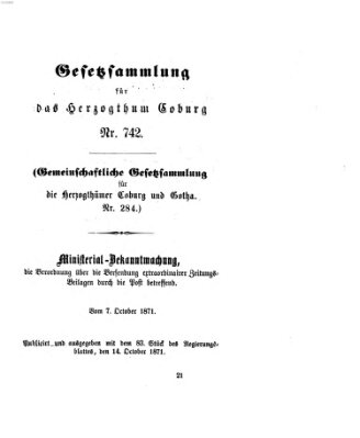 Gesetz-Sammlung für das Herzogtum Coburg (Coburger Regierungs-Blatt) Samstag 14. Oktober 1871