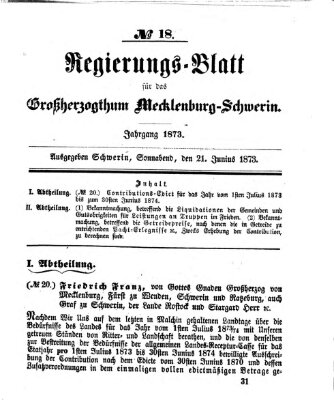 Regierungsblatt für Mecklenburg-Schwerin (Großherzoglich-Mecklenburg-Schwerinsches officielles Wochenblatt) Samstag 21. Juni 1873