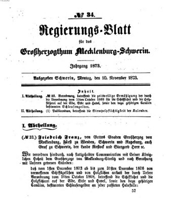 Regierungsblatt für Mecklenburg-Schwerin (Großherzoglich-Mecklenburg-Schwerinsches officielles Wochenblatt) Montag 10. November 1873