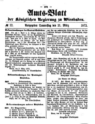 Amtsblatt der Regierung in Wiesbaden (Herzoglich-nassauisches allgemeines Intelligenzblatt) Donnerstag 21. März 1872