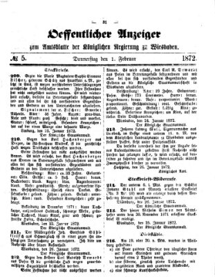 Amtsblatt der Regierung in Wiesbaden (Herzoglich-nassauisches allgemeines Intelligenzblatt) Donnerstag 1. Februar 1872