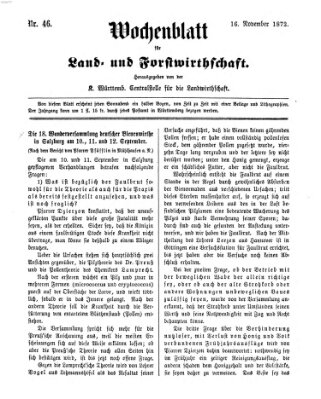 Wochenblatt für Land- und Forstwirthschaft Samstag 16. November 1872
