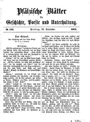 Pfälzische Blätter für Geschichte, Poesie und Unterhaltung (Zweibrücker Wochenblatt) Freitag 29. September 1871