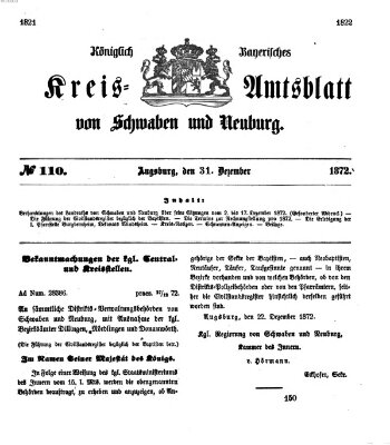 Königlich Bayerisches Kreis-Amtsblatt von Schwaben und Neuburg Dienstag 31. Dezember 1872