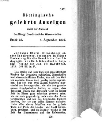 Göttingische gelehrte Anzeigen (Göttingische Zeitungen von gelehrten Sachen) Mittwoch 4. September 1872